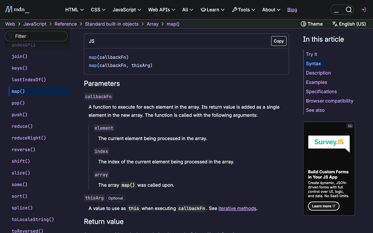 MDN documentation re-themed in Tokyo Night by Pigment, including syntax-highlighted code
